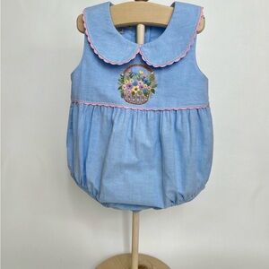 Blue Baby Girl Bubble Romper with Floral Embroidery - Easter/Spring